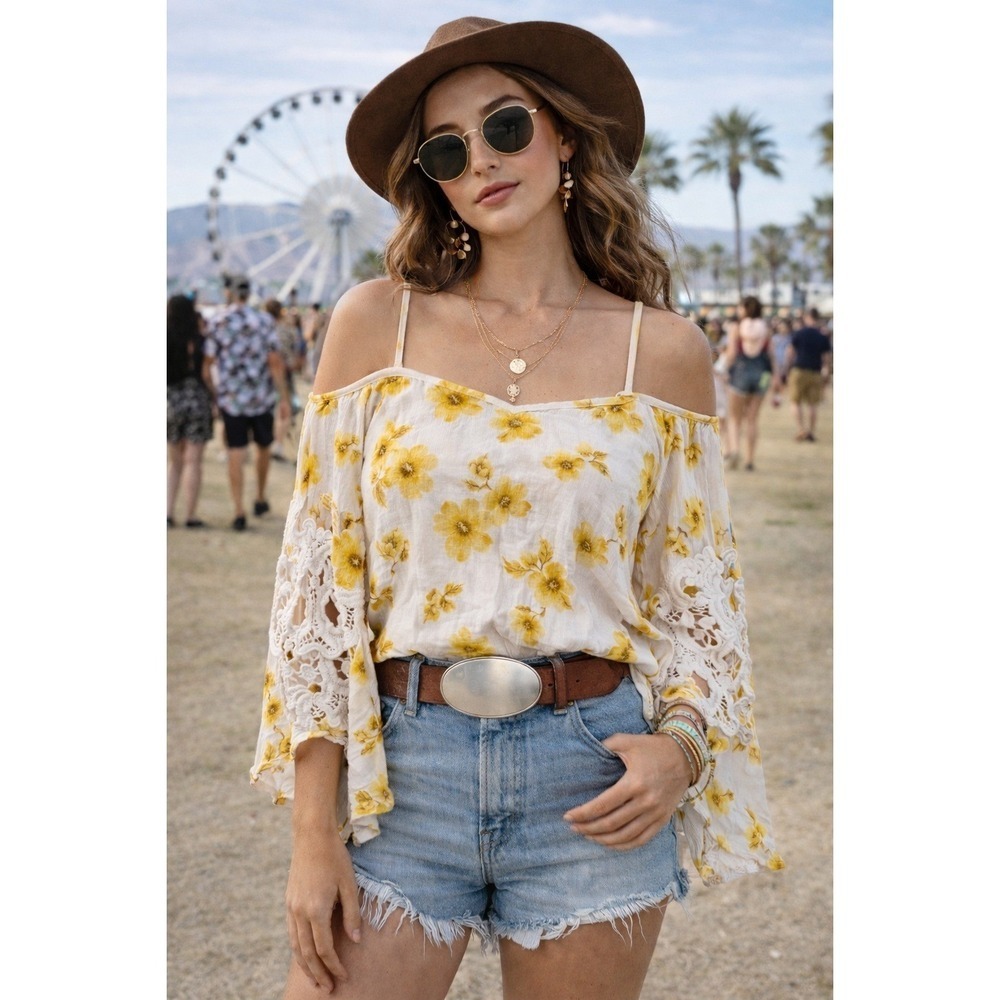 Y2K Summer Boho Festival Yellow Floral Lace Sleeve Top Size Small